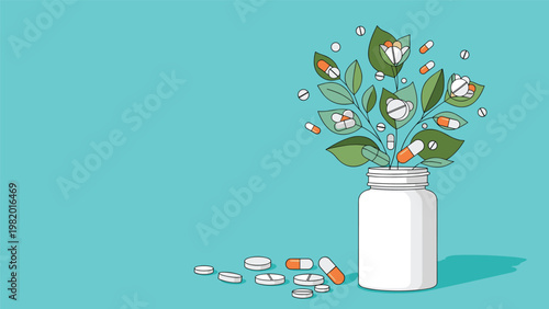 White plastic medicine bottle has a green plant growing out of its opening with leaves and capsules acting as fruit against a teal background.