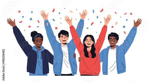 Diverse group of four friends wearing casual blue jackets raises their arms in celebration while colorful star and ribbon confetti falls around them.