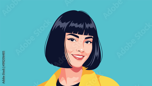 Close up portrait of a young woman with a sleek black bob haircut and bangs smiling warmly against a solid bright blue background.