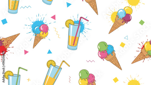 Colorful seamless pattern featuring various scoops of ice cream in cones and glasses of cold orange juice with straws and lemon slices.