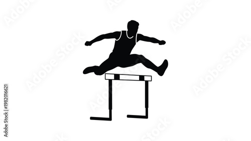 Athlete jumping over hurdle in track.