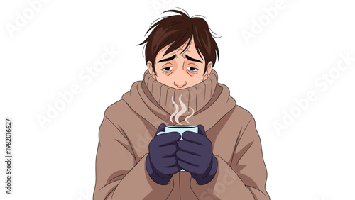 Shivering man with red eyes and a runny nose wears a warm scarf and coat while holding a steaming cup of tea to combat a cold or fever.
