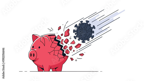 Coronavirus cell shaped like an asteroid crashes into and breaks a pink piggy bank to illustrate the global economic crisis impact.