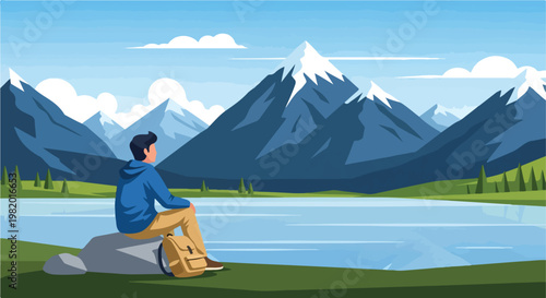 A hiker sits on a rock by a peaceful lake facing majestic snow-capped mountains