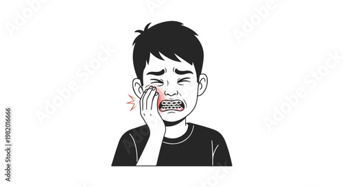 A boy with braces touching his cheek, suffering from intense oral tooth pain