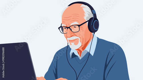 Senior man wears headphones and uses a laptop at home to stay connected with family or enjoy online entertainment and learning.