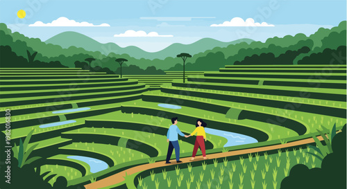 A couple walks together through beautiful green rice terraces on a sunny day