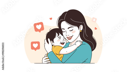 Loving mother hugs her happy child with warmth while hearts float around them to celebrate motherhood and family bonds of love.
