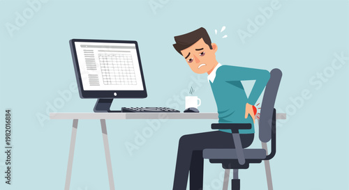 An exhausted office worker suffering from lower back pain while sitting at a desk