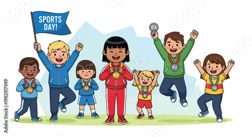 Diverse children in athletic wear celebrating with medals on a sports field day
