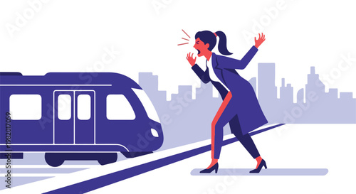 An angry woman in a business suit shouts at a passing train on the platform