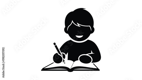 A smiling child reading and writing.