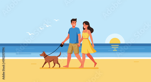 A young couple walking their dog along a sandy beach during a beautiful sunrise