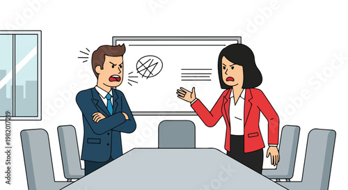 A man and woman in business suits shouting at each other in a conference room