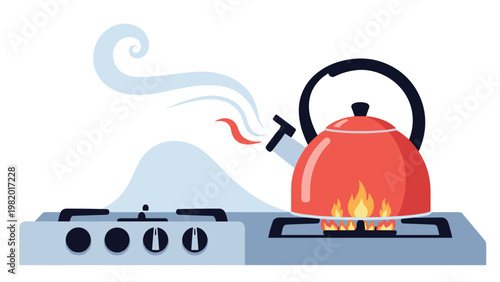 Red tea kettle boils on a gas stove with steam rising from the spout to signal a cozy break for a hot drink in a warm home kitchen.