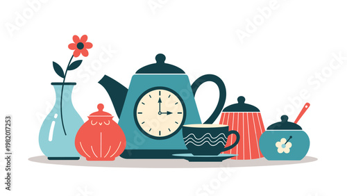 Charming still life features a teapot with a clock face, a teacup, and jars next to a flower in a vase for a tea time theme.