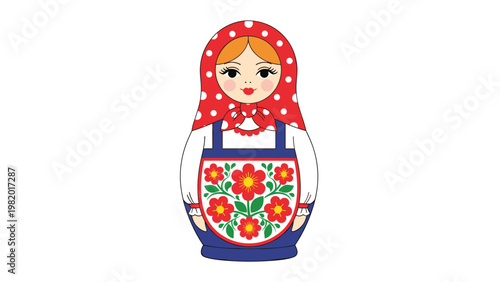 Traditional Russian matryoshka nesting doll with intricate floral patterns and red scarf represents folk art and cultural heritage.