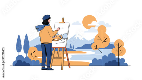 Creative artist in a beret paints a mountain landscape on an easel in the outdoors to capture natural beauty and morning light.