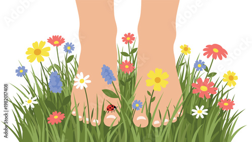 Bare human feet standing in lush green grass with various colorful spring flowers and a small ladybug crawling on a toe.