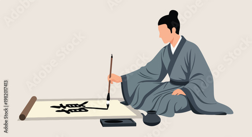 A person in traditional robes practices East Asian ink calligraphy on a scroll