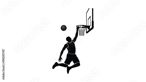 Man playing basketball in mid-air dunk.