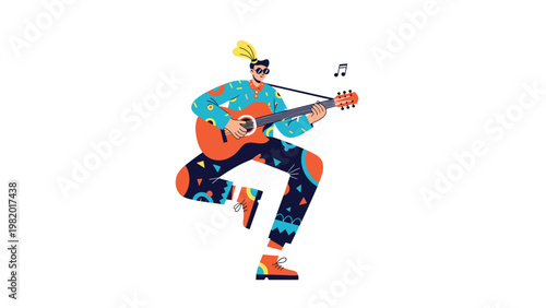 Creative illustration of a stylish man with a feather in his hat jumping while playing an acoustic guitar and singing.