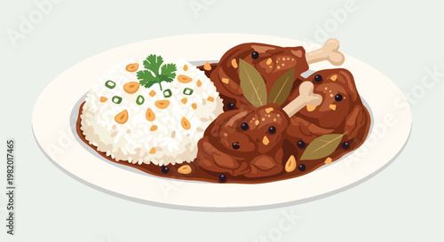 A plate of braised chicken legs served with garlic fried rice and fresh herbs