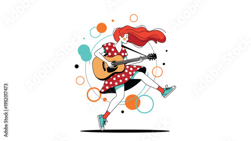 Energetic woman with long red hair jumping joyfully while playing an acoustic guitar against an abstract dotted background.