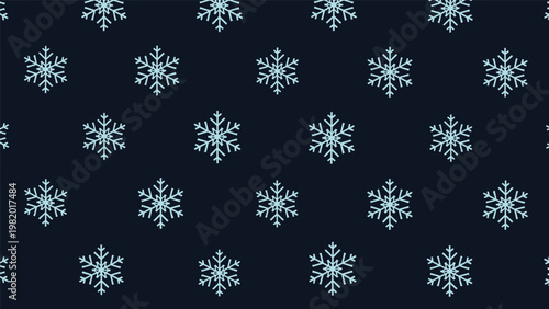 Seamless pattern of light blue snowflakes arranged on a dark blue background representing winter and cold weather.