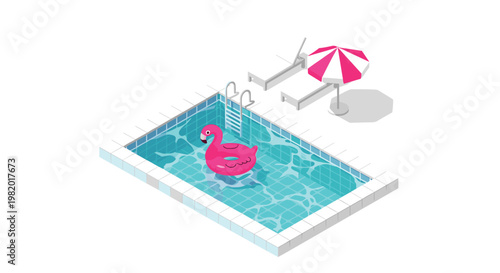 A refreshing isometric swimming pool features a vibrant pink flamingo float and white lounge chairs under a pink striped umbrella on a clean surface.