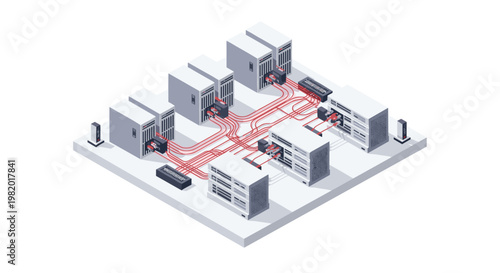 A sophisticated isometric data center layout features multiple white server racks interconnected by a complex network of glowing red fiber optic cables and wires.