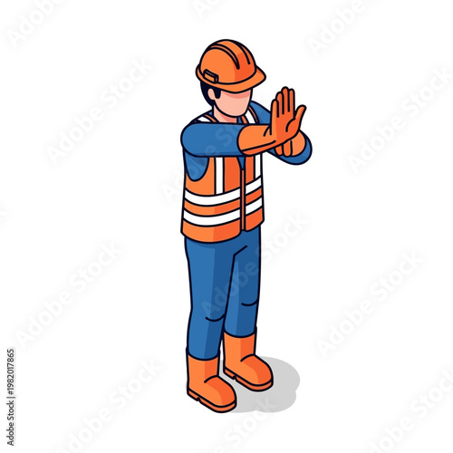 Construction worker in safety vest and hard hat signaling stop.