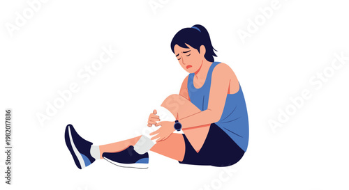 A woman in athletic wear sits down and holds her injured leg in physical pain