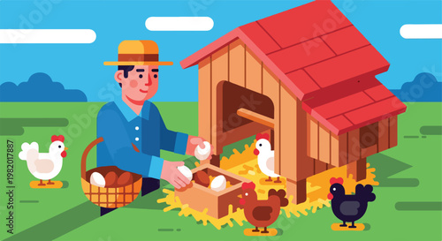 A farmer gathers fresh eggs from a wooden chicken coop on a sunny grassy field