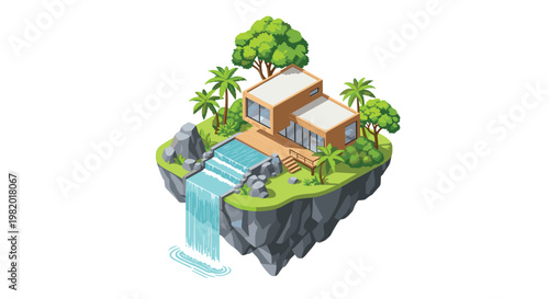 A modern two-story house with large glass windows sits on a floating rock island featuring a cascading waterfall and many lush tropical palm trees.