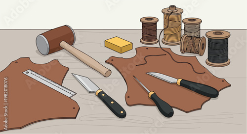Leatherworking supplies including hides, knives, mallet, and spools of thread