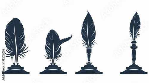 Four stylized silhouettes of quill pens in different inkwell designs, black ink on white