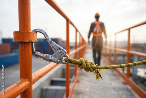 Fall protection lanyard secured on elevated walkway