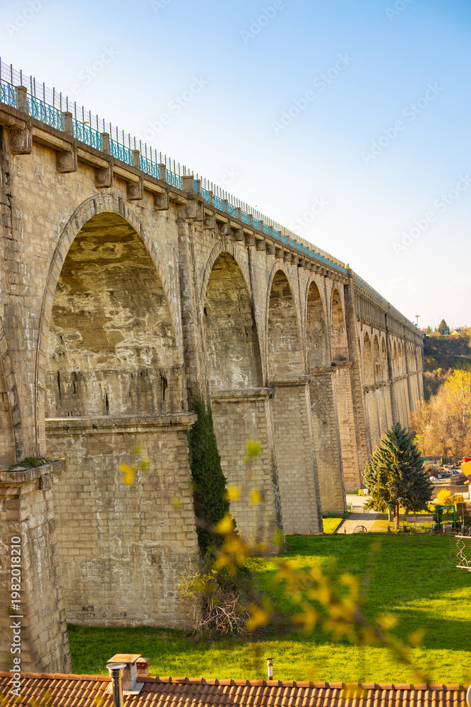 Fototapeta premium The main bridge and famous Soleri Viaduct, which connects Cuneo, over the Stura di Demonte stream, and connects the city with the plateau to the north.