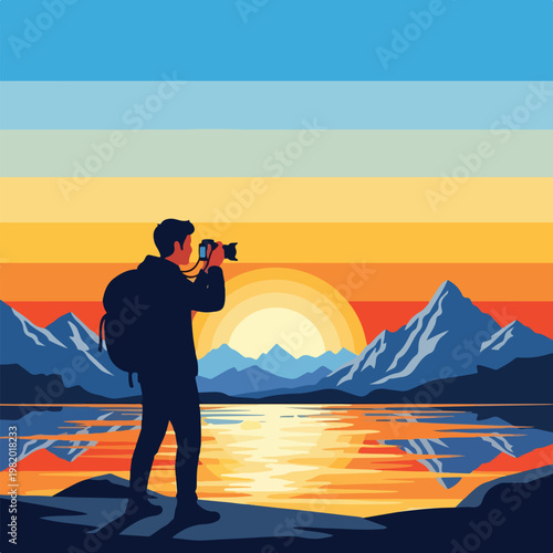 A silhouette of a photographer with a backpack taking photos of a mountain lake