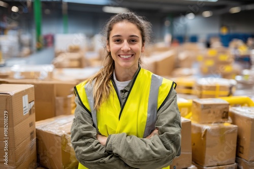 A woman with a smile stands in a busy warehouse surrounded by stacks of boxes and packages during the daytime