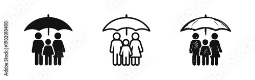 Family protection and life insurance icon set with umbrella