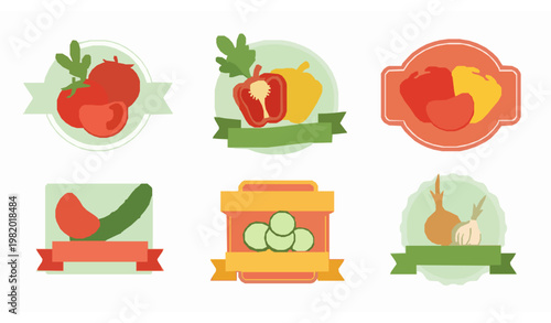 Fresh vegetable label set flat vector with tomato pepper cucumber onion for salad packaging