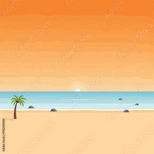 A flat vector illustration of a tropical beach during a serene golden sunset