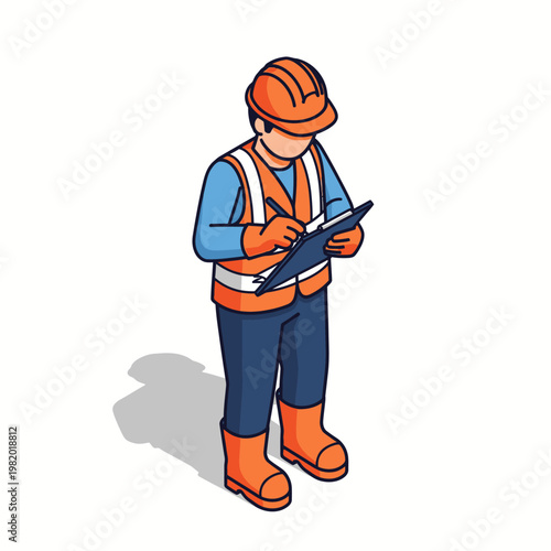 Construction worker in safety vest and hard hat writing on clipboard.