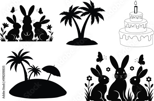 black silhouettes of rabbits, palm trees, and birthday cake
