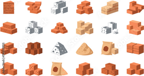 Construction materials collection with bricks, concrete blocks and cement, flat vector illustration set for building, engineering, architecture and industrial design use
