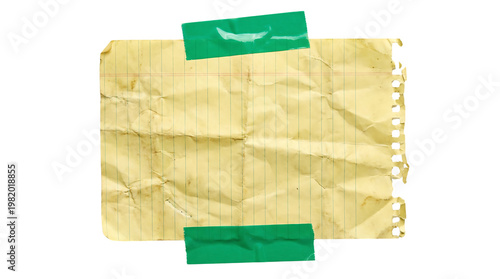 Crumpled yellow lined paper note with torn edges held by green masking tape at the top and bottom