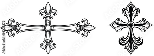 Ornate Fleur De Lis Decorative Gothic Cross – Black Medieval Vintage Christian Religious Tattoo Symbol Vector Design Bundle