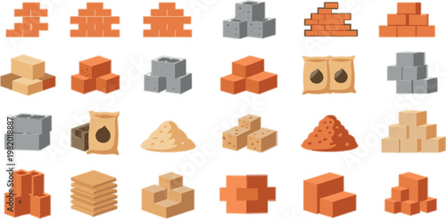 Construction materials collection with bricks, sand, cement and blocks, flat vector illustration set for building, engineering, renovation and industrial design projects